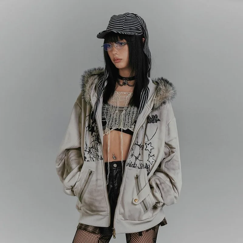 Amerikaanse retro bontkraag konijnenoor sweatshirt met capuchon Y2K bedrukt met dik fluwelen damestop voor herfst en winter