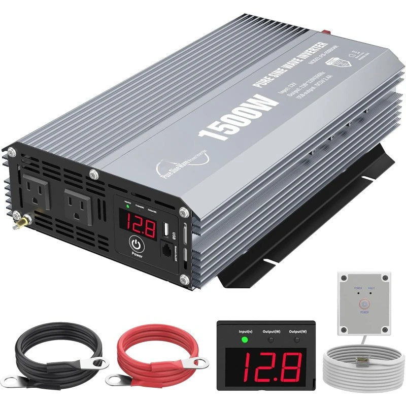 Power Inverter 1500W Pure Sine Wave DC 12V to AC 110V 120V with Dual AC Outlets & LED Dsiplay Remote Controller