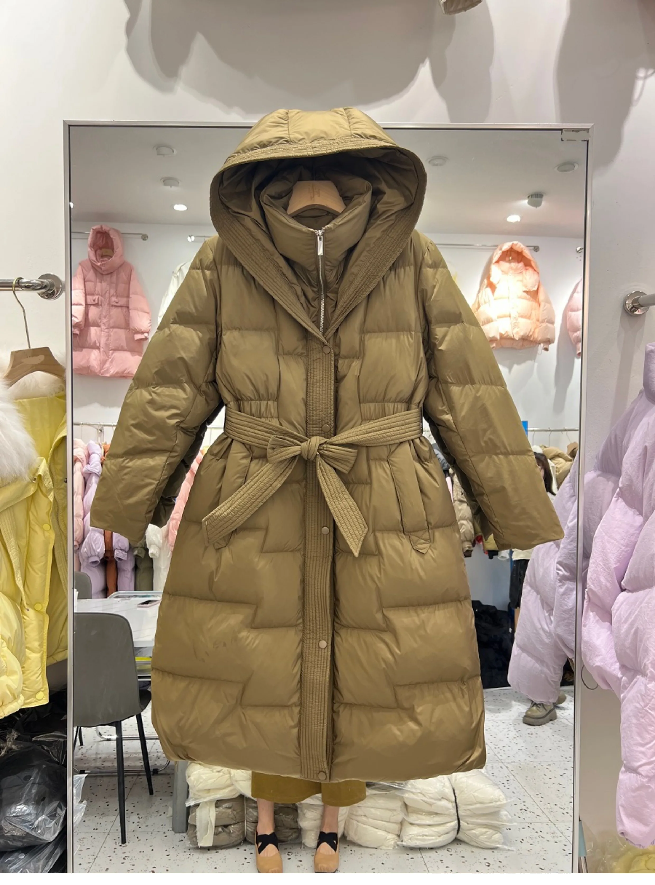 FTLZZ Winter Women White Duck Down Coat Thick Warm Solid Coat Casual Lady Hooded Zipper Long Outwear with Belt