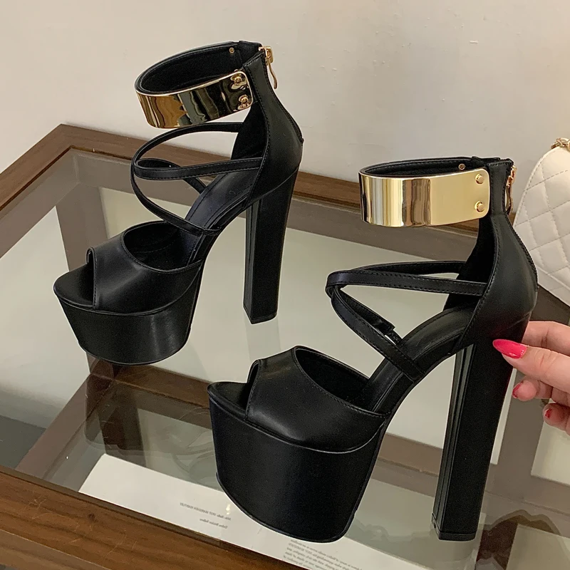 

Women's Black PU Gold Metal Cuff Platform Heels, Open Toe Crisscross Ankle Strap Chunky Block Heel Sexy Nightclub Party Footwear