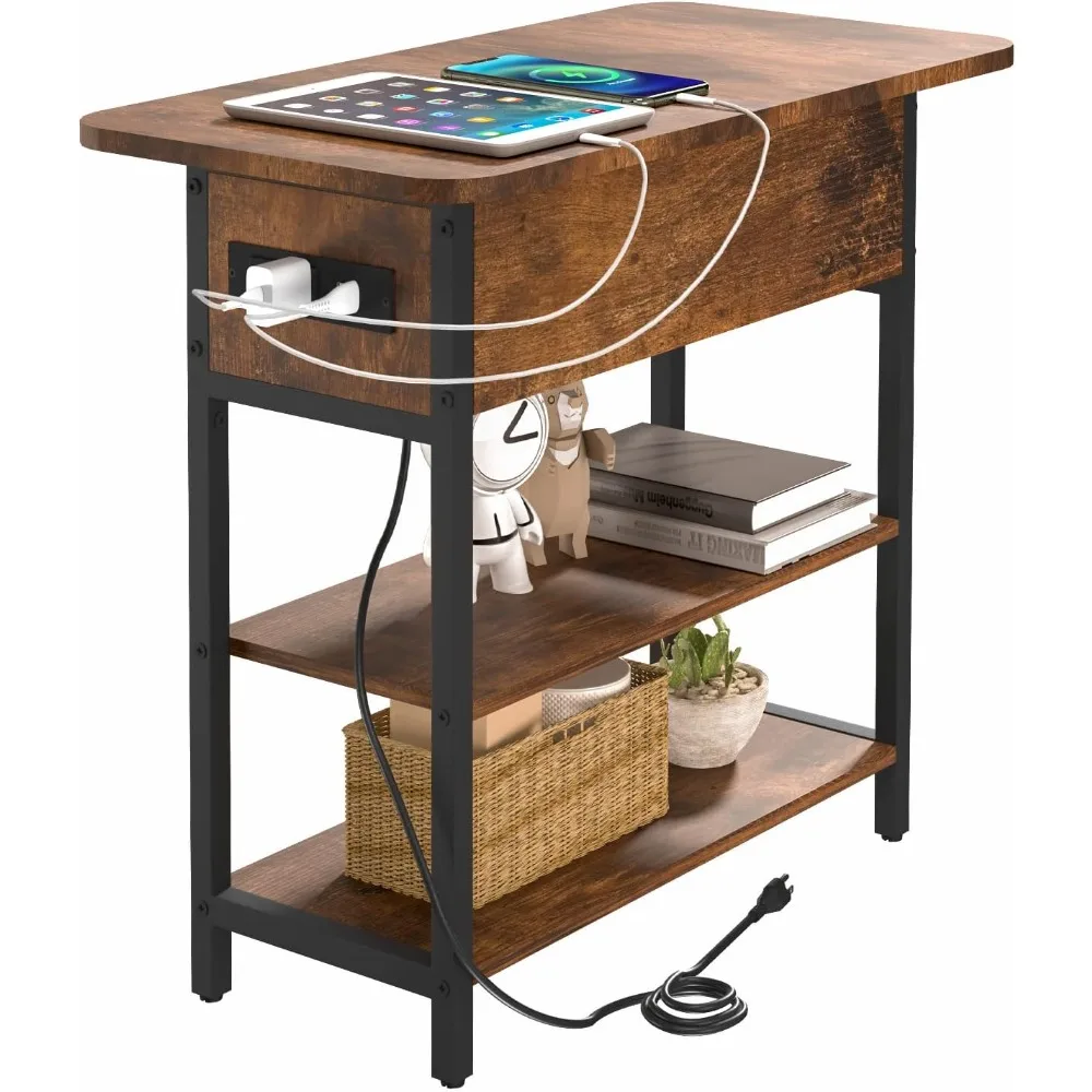 

End Table with Charging Station, Flip Top Side Table with USB Ports and Outlets, Sofa Couch Bedside Table for Living Room