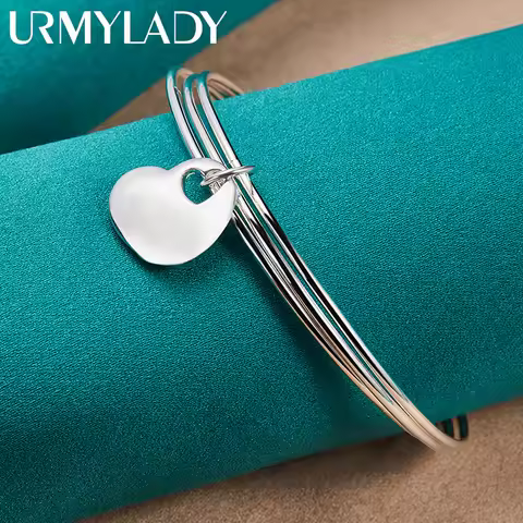 URMYLADY 925 Sterling Silver Three Ring Solid Heart Bangles For Women Wedding Party Fashion Charm Jewelry