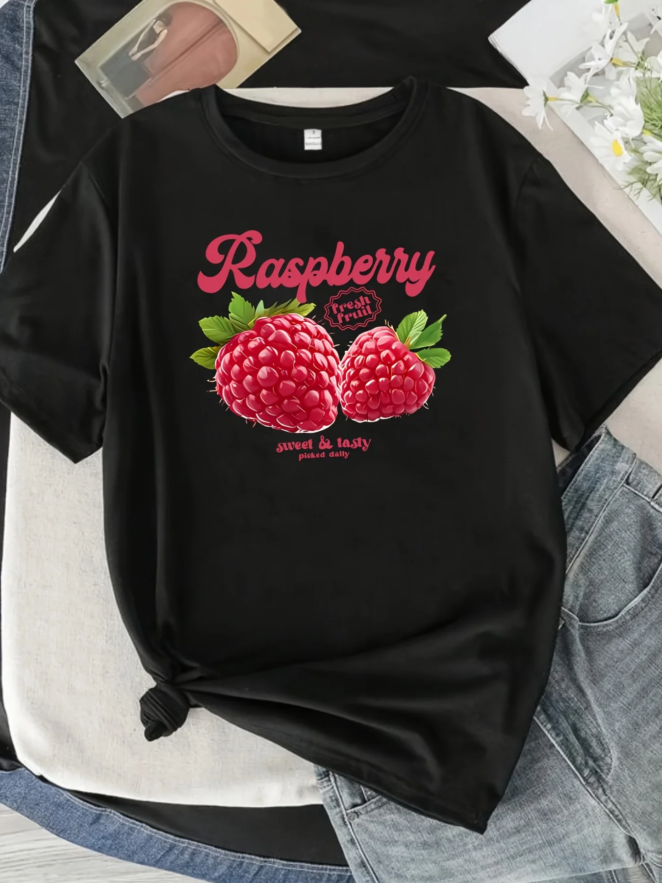 

RASPBENNY модная женская футболка с буквенным и малиновым принтом больших размеров, модная летняя футболка с короткими рукавами, женская одежда