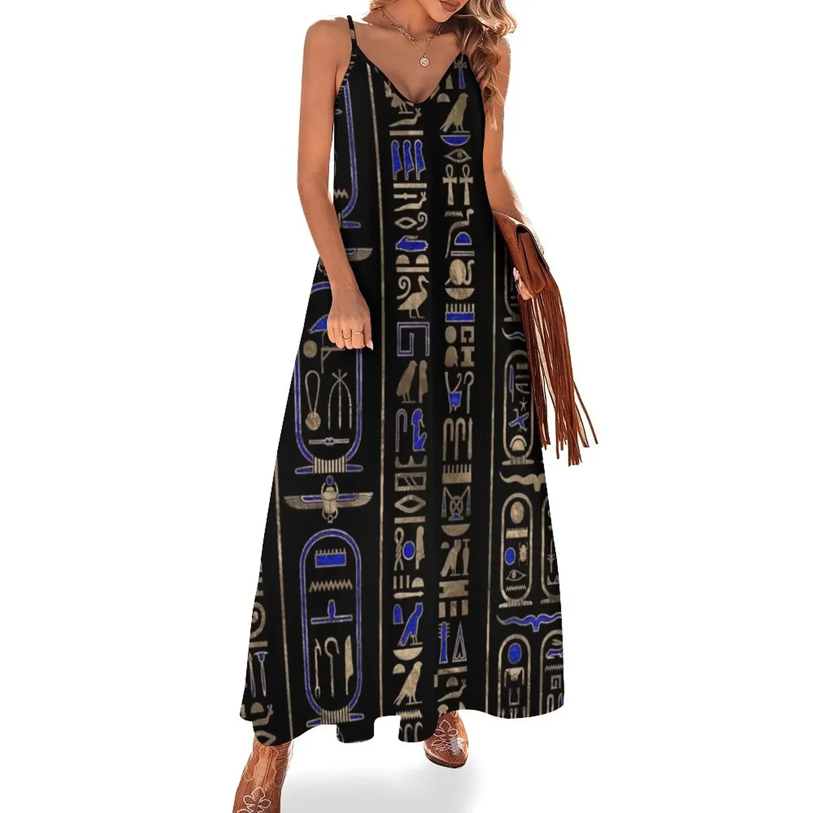 

Egyptian hieroglyphs pattern Gold Lapis Lazuli #2 Sleeveless Dress womens clothing evening dress ladies Female clothing Dress