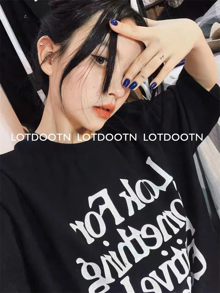 LOTDOOTN High Quality Cotton T-shirt Couple Letter Printed T-Shirt Oversized Funny Graphic Tee Men Women Summer High Street Tops