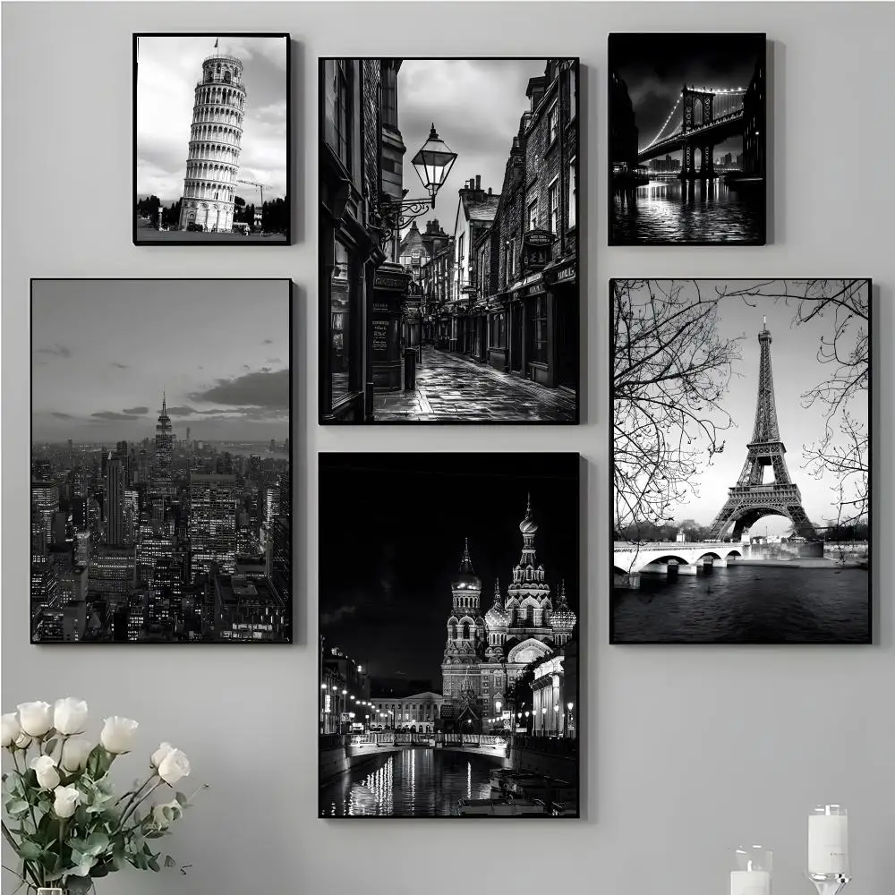 Monochromatic Iconic B-B-Black White World Cities Poster High-definition stickers ideal gifts for living rooms hallways