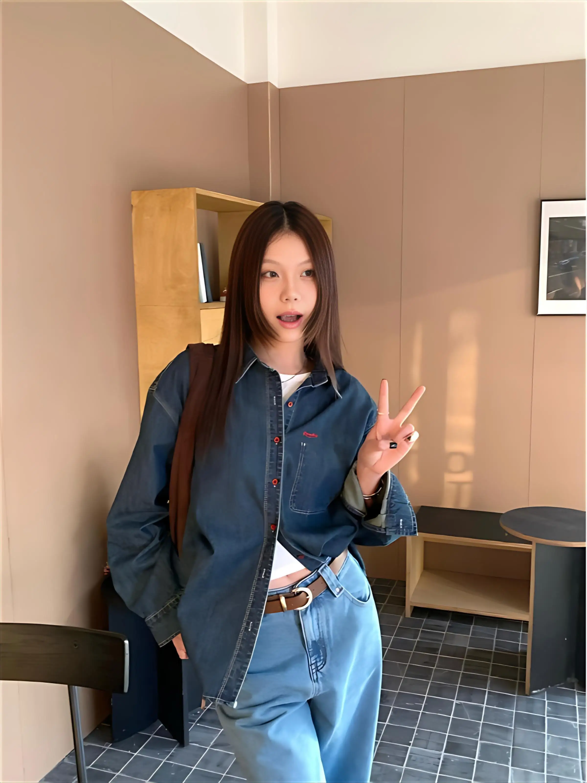 

Denim Coats Unisex Womens Autumn Plaids Belted Standneck Double-Sided Grid Casual Personality Waist-Closed Elegant Raw-Edges Y2K