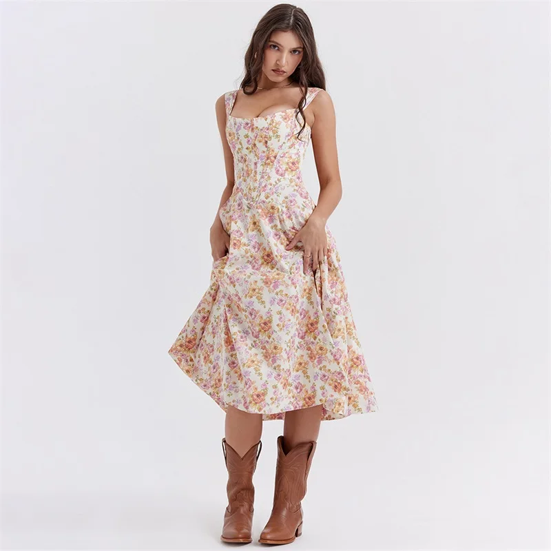 Vestido de graduación Floral de línea A para mujer, Túnica Sexy con correa de corsé, sin mangas, abertura lateral, falda informal Formal y diaria, Vestido largo de fiesta