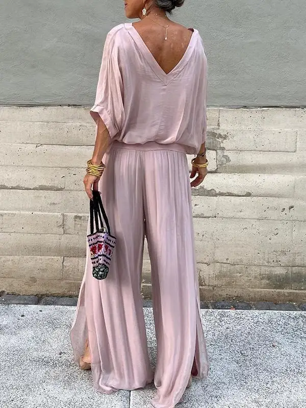 Elegant Chiffon Wide-leg Pants Two-piece Set Women 2024 Spring Half Sleeve Solid Loose Outfit Summer V Neck Backless Casual Suit