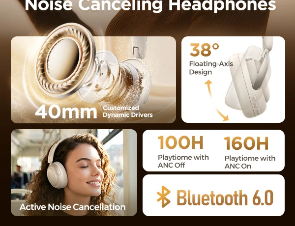 Acer OHR703 ANC Over-Ear-Kopfhörer -45dB Geräuschunterdrückende Headsets Bluetooth 6.0 Hi-Res LDAC Ohrhörer 40mm Treiber 160H Spielzeit – Detail 2