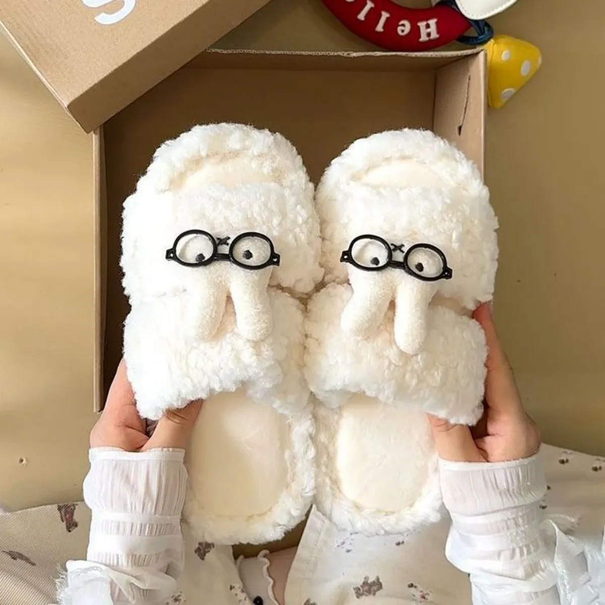 Cartoon Miffy Rabbit with Glasses Plush Women Slippers Autumn and Winter Dew Toe Thick Bottom Anti Slip Indoor Outdoor Home Shoe