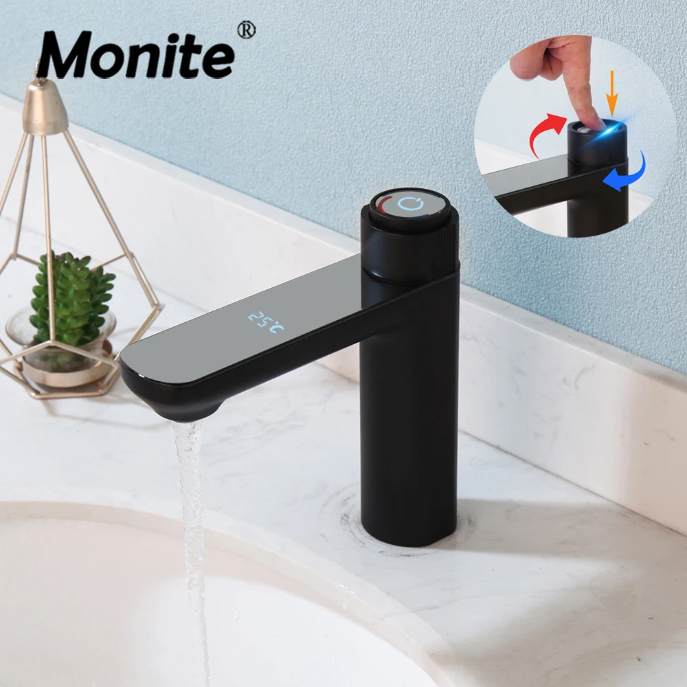 Monite Black Basin Faucet Mixer Bathroom Water Tap Chrome Stream High-Tech Water Generating Digital Display Modern Design Faucet