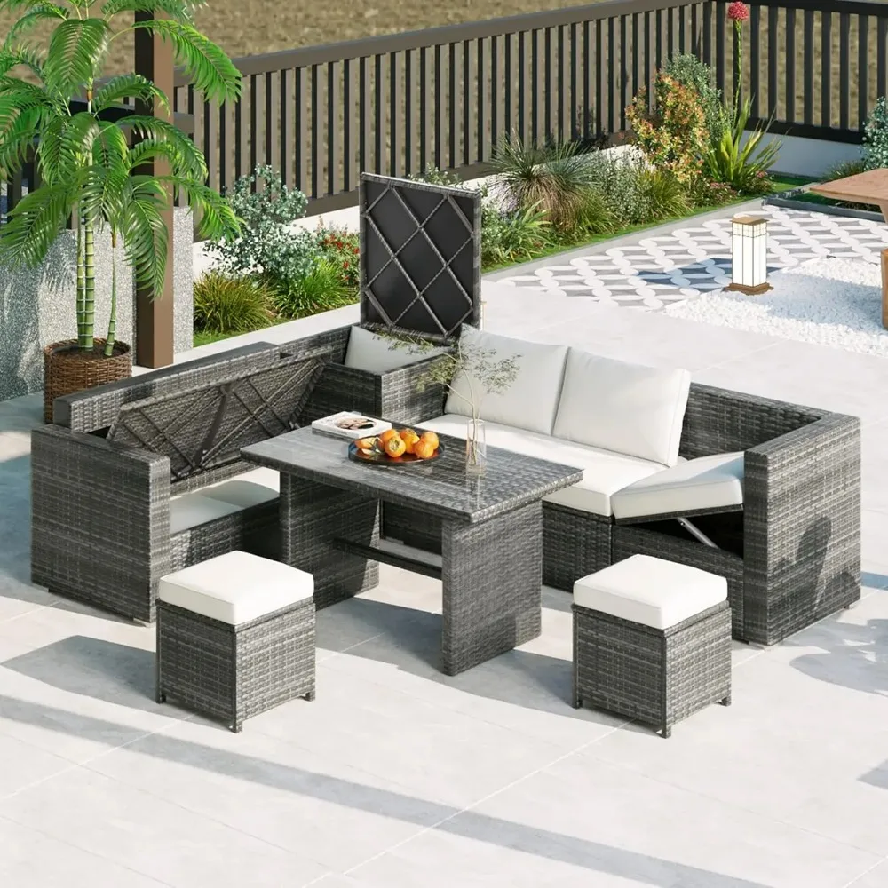 

Outdoor Furniture 6-Piece Patio Sofa Set, All Weather PE Rattan Sectional Couch w/ Tempered Glass Dining Table, Adjustable Seat