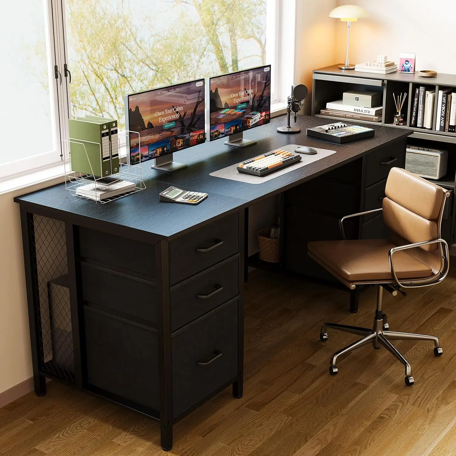 63 Inch Computer Desk With File Drawers Cabinet Large Surface Office Desk With Storage Shelves Writing Table Workstation For Home Office Study Room Gaming Black