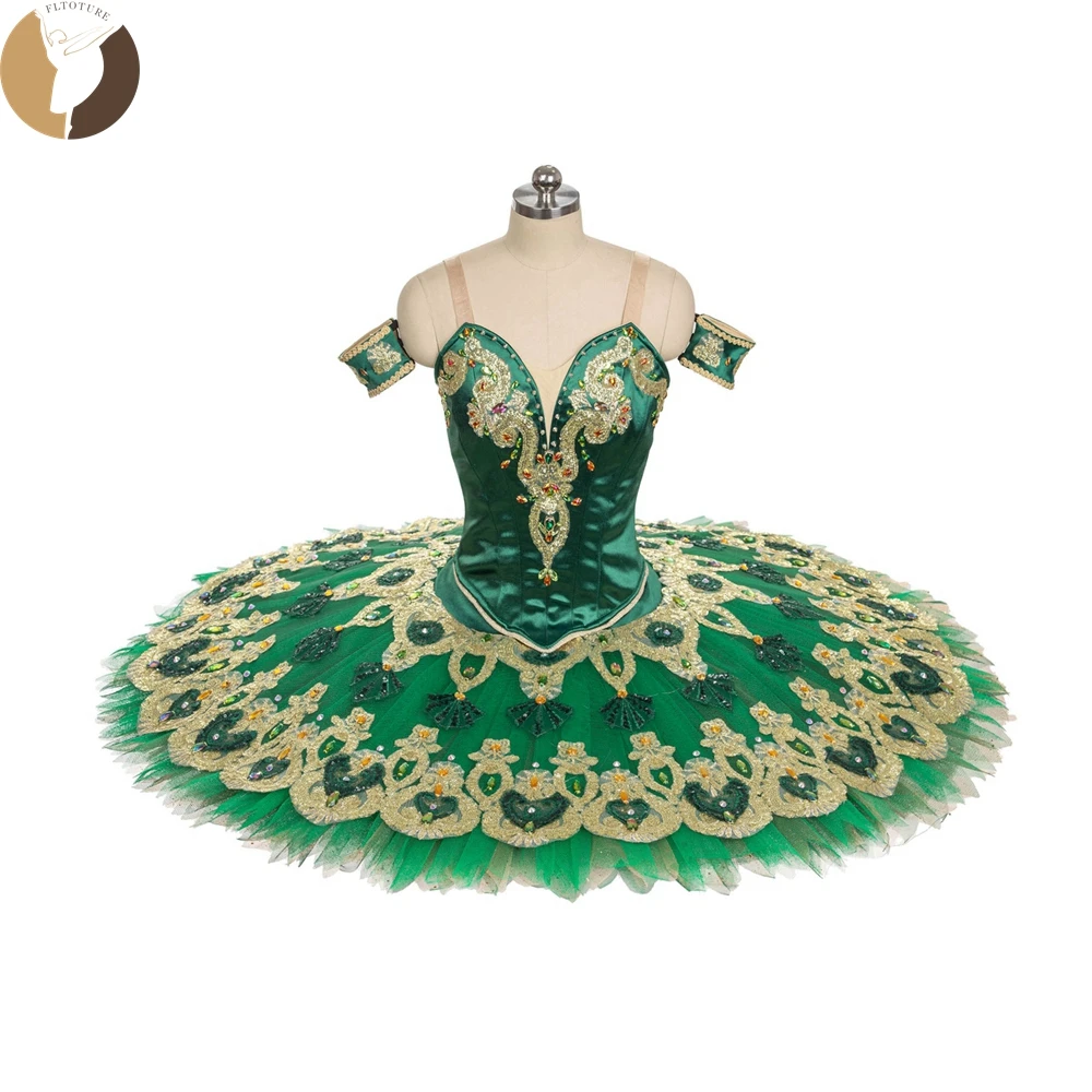 

FLTOTURE New Professional Exclusive Green Satin Gold Decoration Esmeralda Costumes Ballet YAGP Performance Classical Tutu Skirt