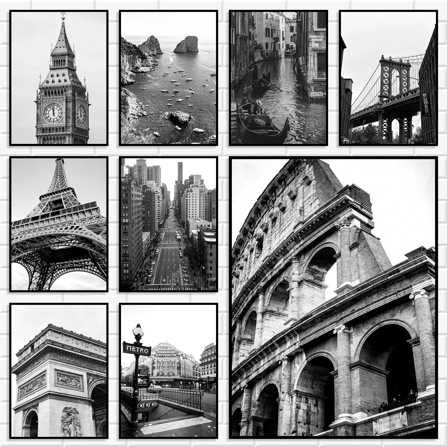 Monochrome Black White World Landmark Wall Art Print, Europe Classic Architecture City View Poster Canvas Painting Home Decor
