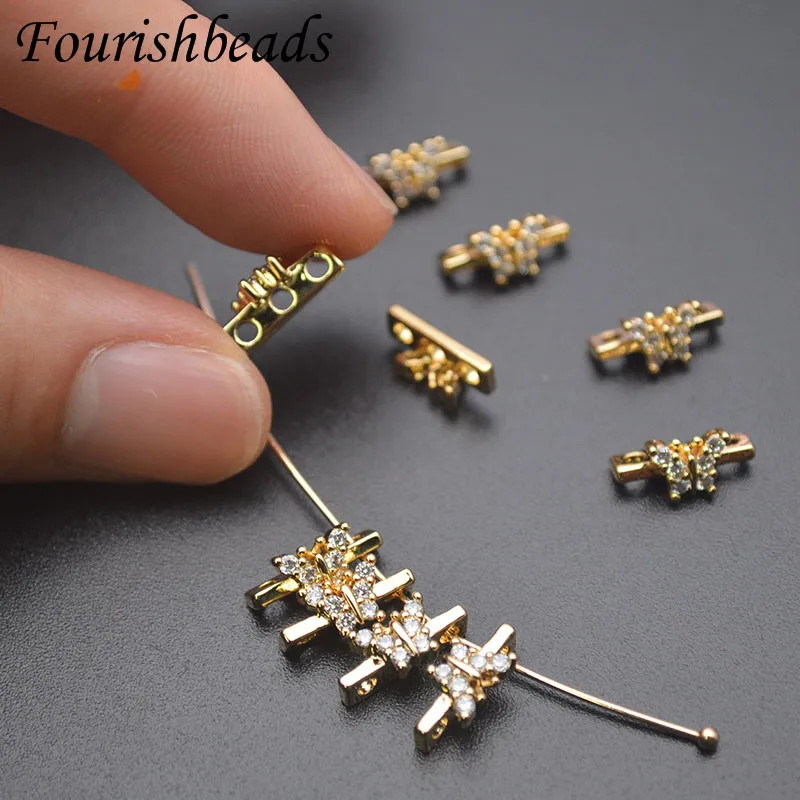 Good Quality 18k Real Gold Plated 3 Hole Paved CZ Beads Rectangular Butterfly Shape Loose Beads for DIY Jewelry Part