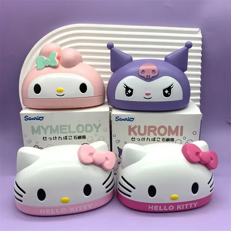 Cute Kuromi Hello Kitty Melody Soap Box Kawaii Sanrio Figure Bathroom Soap Holder Drainer With Cover Girl Heart Toy Kids Gifts