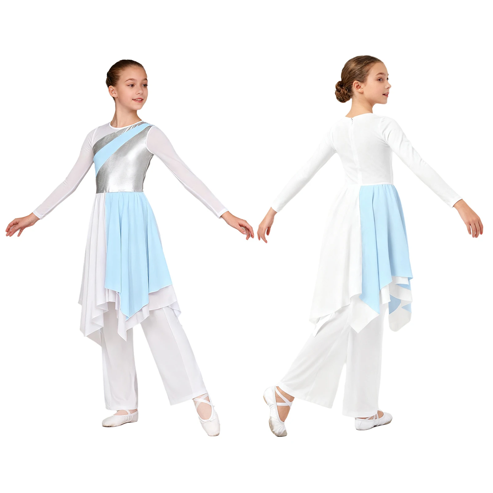 

Kids Girls Praise Worship Lyrical Dance Costume Outfit Stage Performance Set Long Sleeve Color Block Dress with Wide-Leg Pants