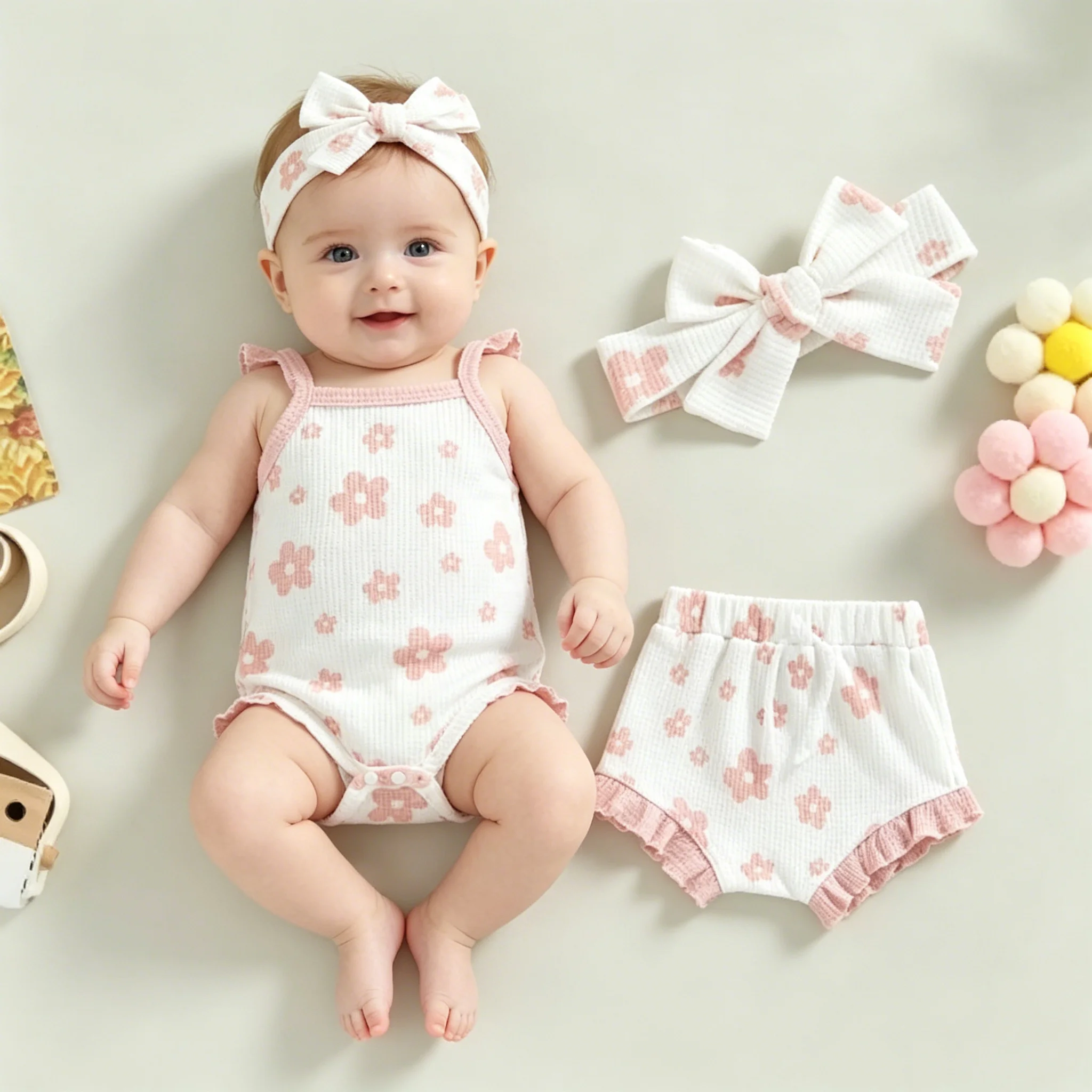 Baby Girls Floral Clothing Outfits Princess Party Romper Tops Shorts Headband 3Pcs Summer Infant Girls Clothes Suits