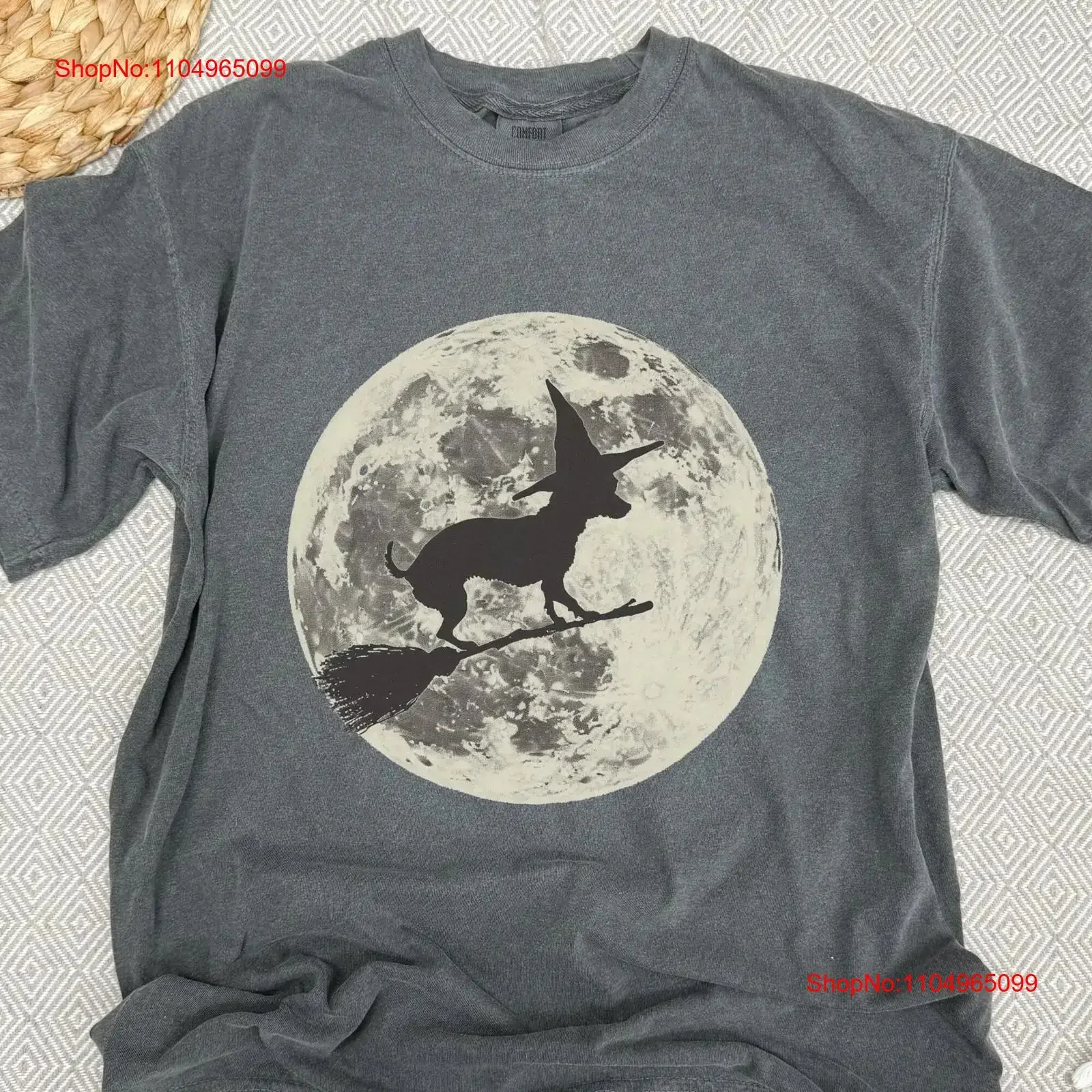 

Chihuahua Halloween T Shirt for Dog Lovers Witch Hat on Broom with Moon Perfect Owners vintage Washed Breathable Stylish