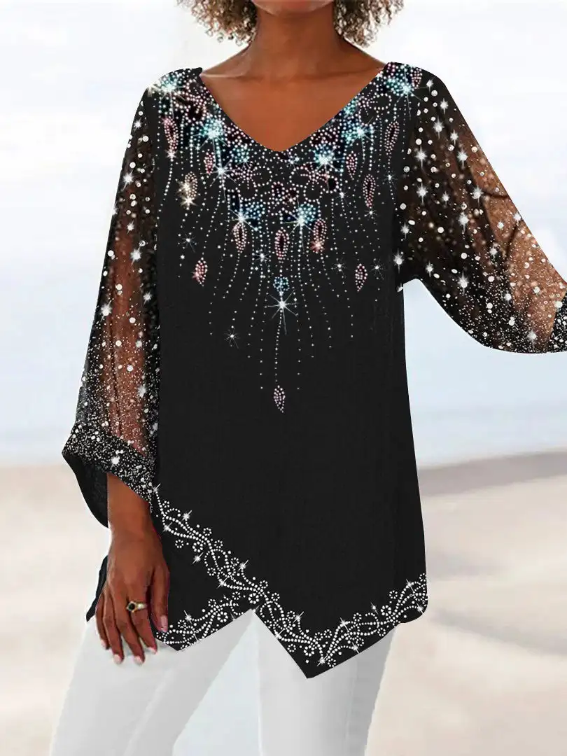 

Plus Size Women Summer Lace Sexy T-Shirt Tops Asymmetric 3/4 Sleeves V Neck Graphic Print Lace Pullover Streetwear 2024 Fashion