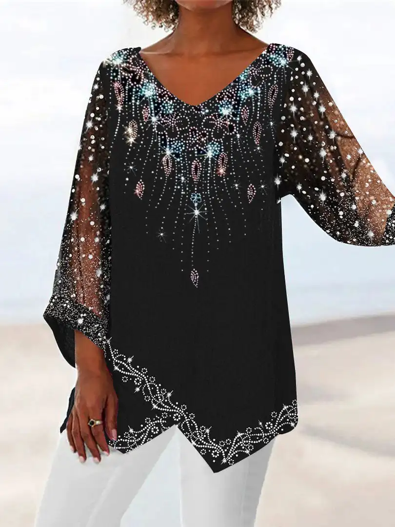 Plus Size Women Summer Lace Sexy T-Shirt Tops Asymmetric 3/4 Sleeves V Neck Graphic Print Lace Pullover Streetwear 2024 Fashion