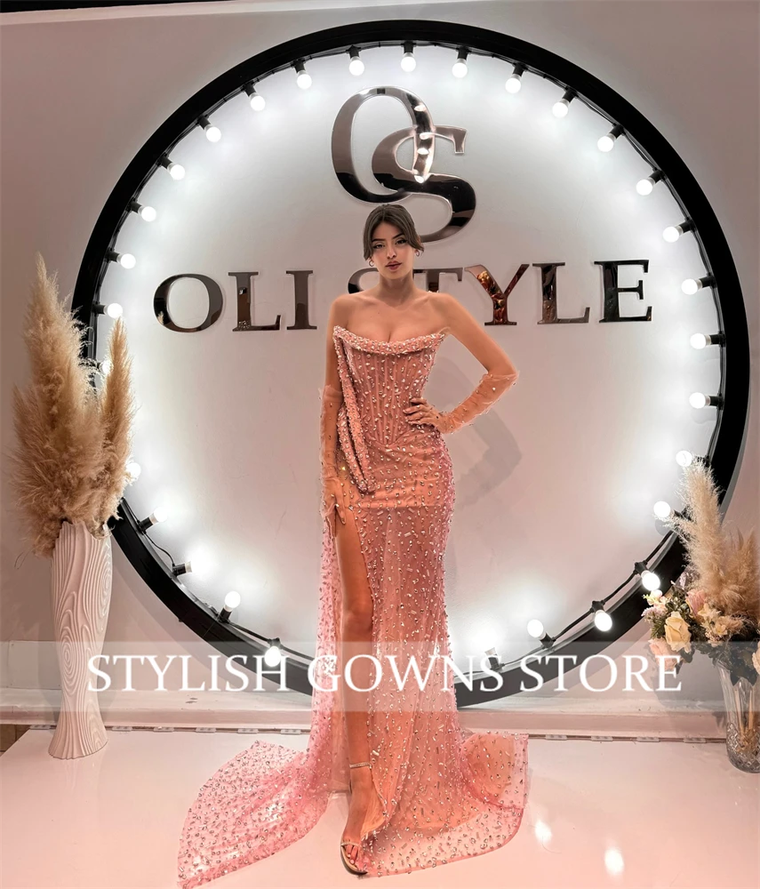 Pink Rhinestone Dubai Evening Dresses Bead Crystal Birthday Dress Luxury 2024 Strapless Split And Gloves Formal Gown Customized