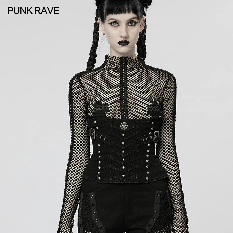 

PUNK RAVE Women's Post-apocalyptic Style Metal Skull Rivet Corset Punk Pleated Design Black Sexy Cummerbunds Women Accessories