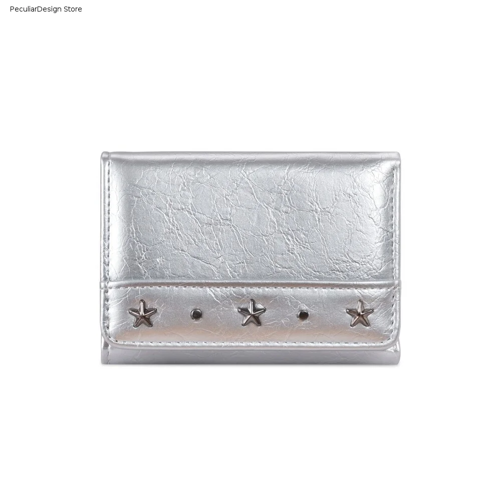 Y2K PU Star Rivet Trifold Wallet Ultra Thin Compact Size Card Holder Solid Color Multiple Slots Cash Wallet Portable Carry