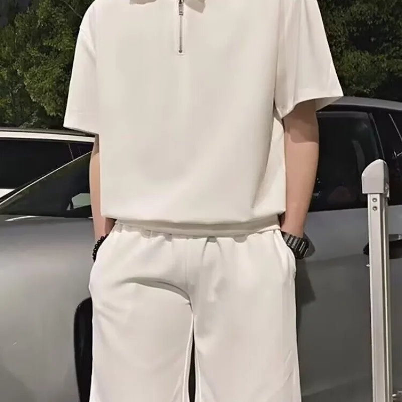 صيف جديد موضة الرجال بلون عادية العصرية فضفاض 2 قطعة مجموعات قصيرة الأكمام قمصان بولو طول الركبة السراويل الذكور الملابس