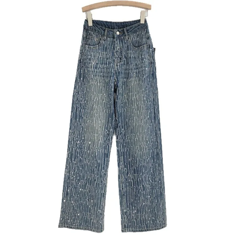 HKSH ربيع وصيف جديد إمرأة المد Y2K شيك شارع العليا موضة عادية مستقيم واسعة الساق الجينز الساطع الماس الدنيم السراويل HK5337