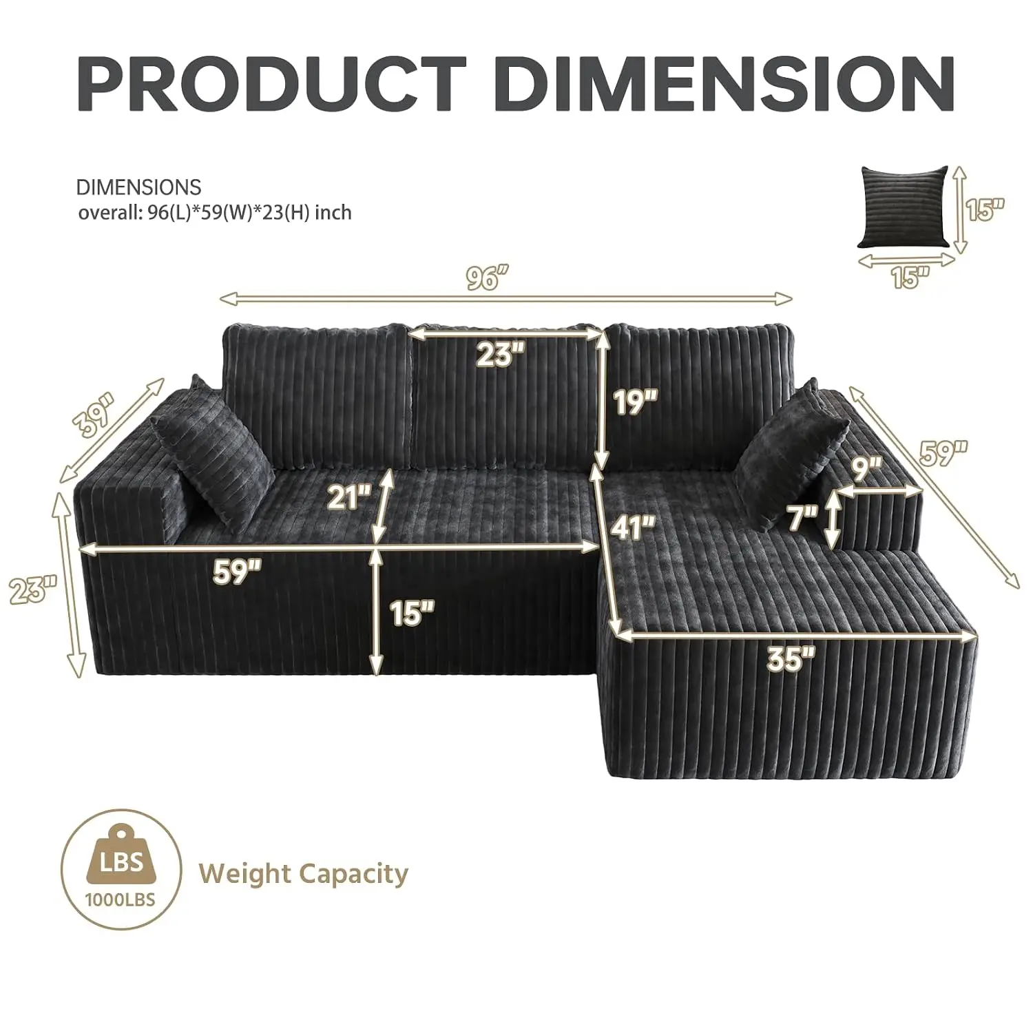 Boneless Sectional Sofa with Oversized Chaise, Modular L Shaped Deep Seat, Memory Foam 3 Seater for Living Room, Customized
