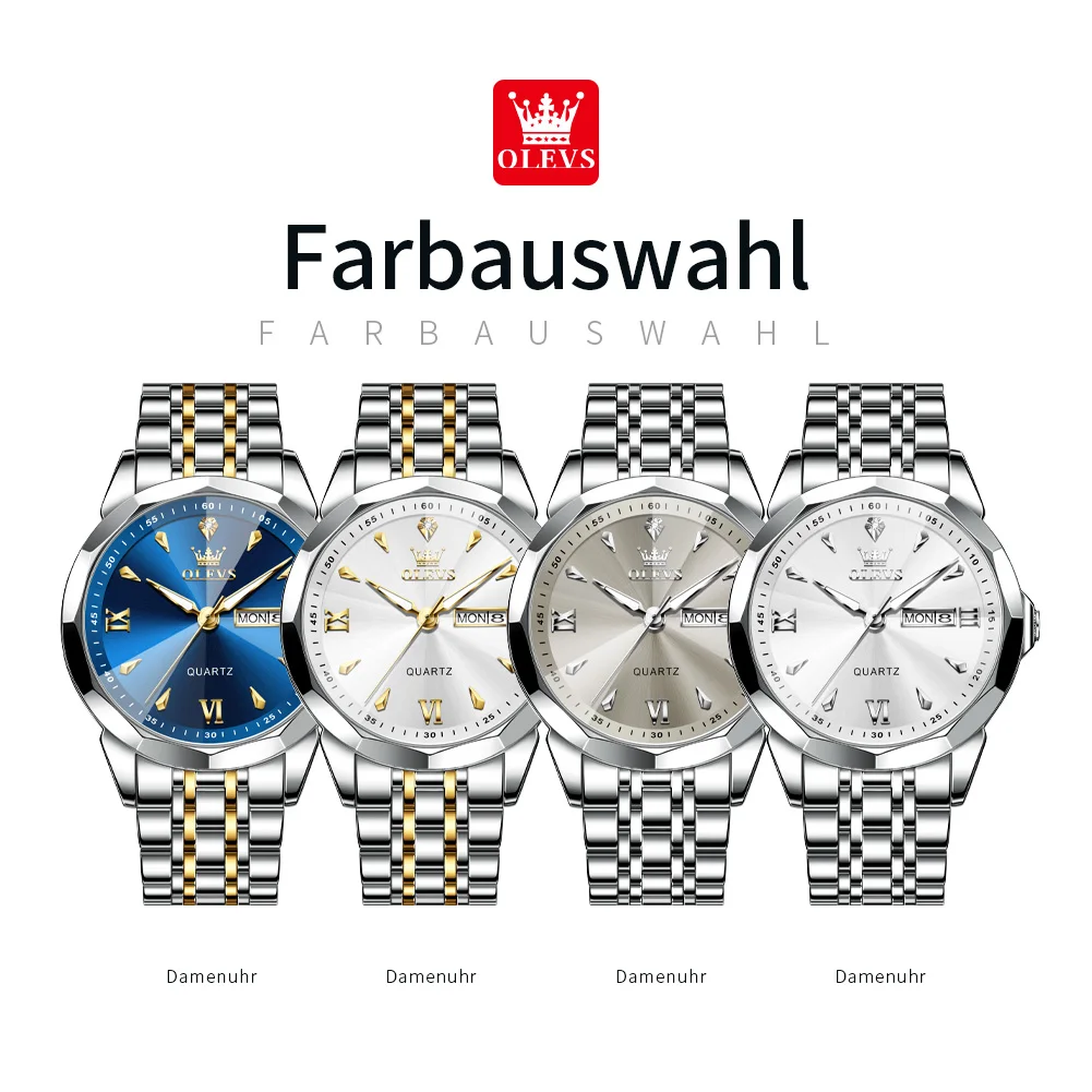 OLEVS Fashion Prism Mirror Mens Catches Orologio al quarzo con doppio calendario impermeabile originale per uomo con fibbia a farfalla in acciaio inossidabile