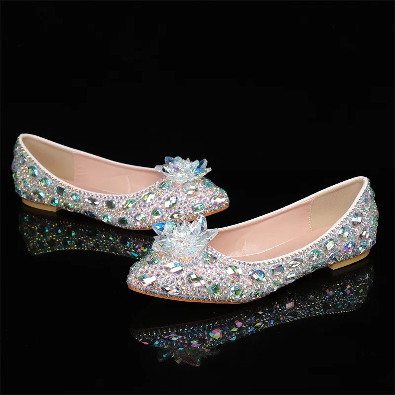 Bombas planas de diamantes de imitación para mujer, zapatos de lujo hechos a mano, con flores de cristal, a la moda, para primavera y otoño, para fiesta de graduación y boda