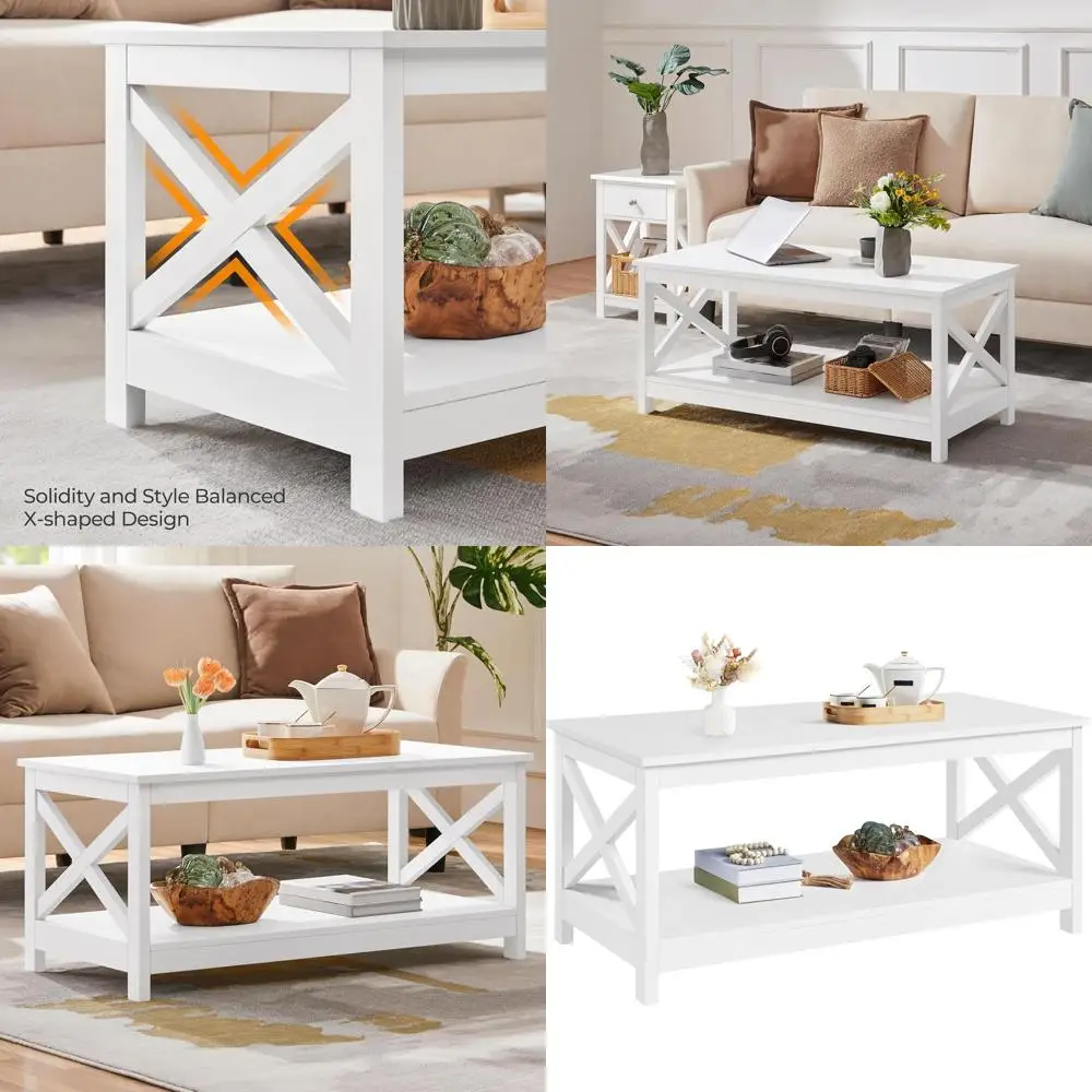 

White 2-Tier Coffee Table with Storage Shelf for Living Room, X-Style Accent Furniture, 39.5 x 20 x 18