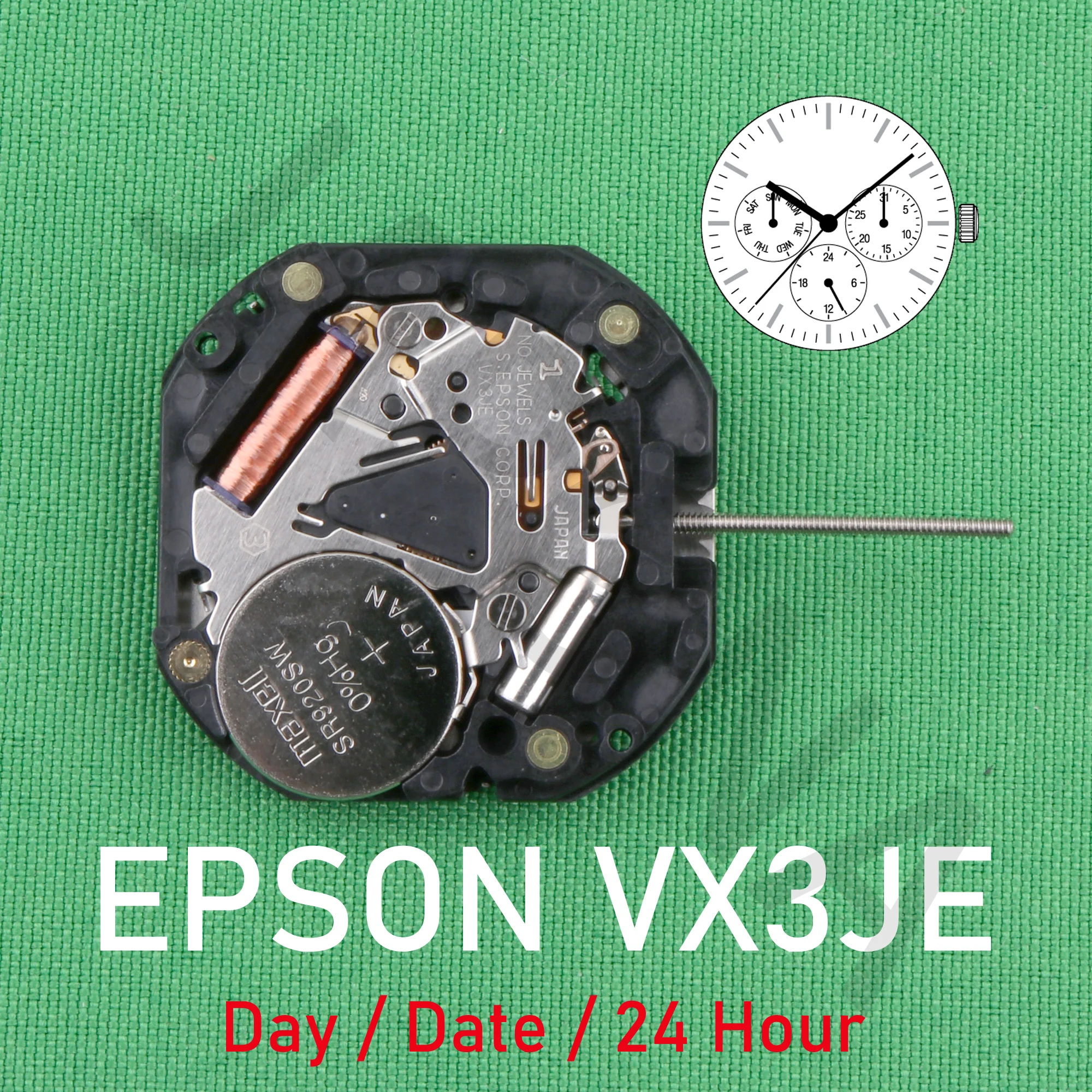 VX3J movement epson VX3JE movement Analog Quartz 10 1/2\'\'\' Slim Movement / 3 hands (H/M/S) and 3 eyes with Day / Date / 24 Hour