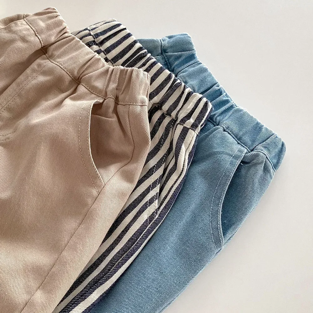 1-5Y Kids Jeans Stripe Denim Pants Loose Straight Patchwork Pocket Boys Trousers Mid Waist Kids Outfit Pants