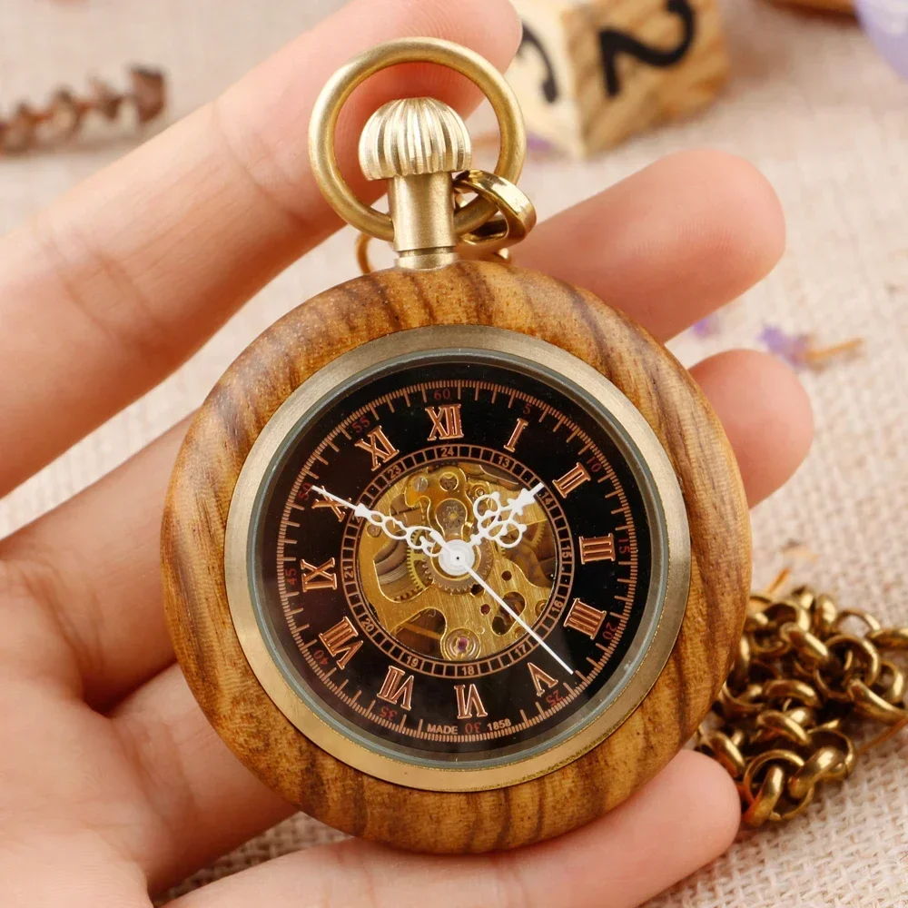 

Wooden Mechanical Pocket Watch Automatic Self-Wind Pocket Pendant Clock Luxury Watch for Men Women with 30cm Bronze Chain