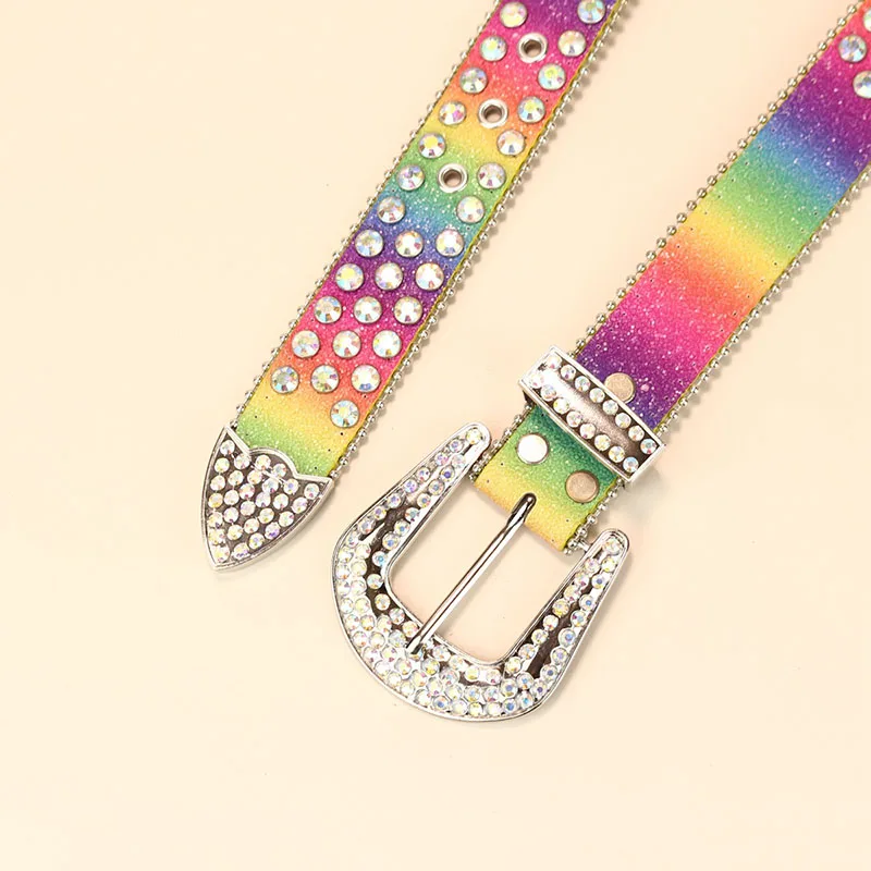 men\'s fashion diamond studded belts rainbow soft leather rhinestone belt stage nightclub womens stylish waistband designer leash