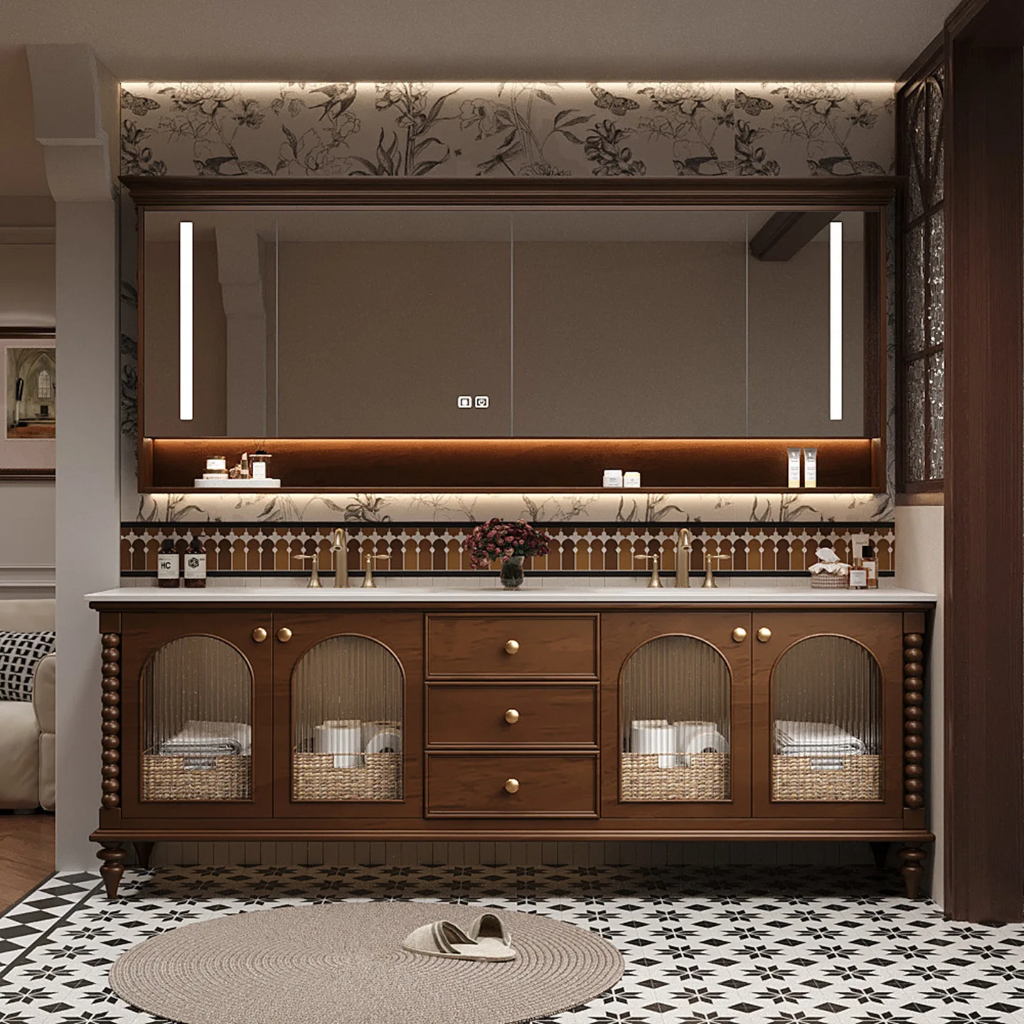 Factory Direct 2026 French retro medieval style bathroom cabinet combination rock slab hot bending integrated washbasin toilet h