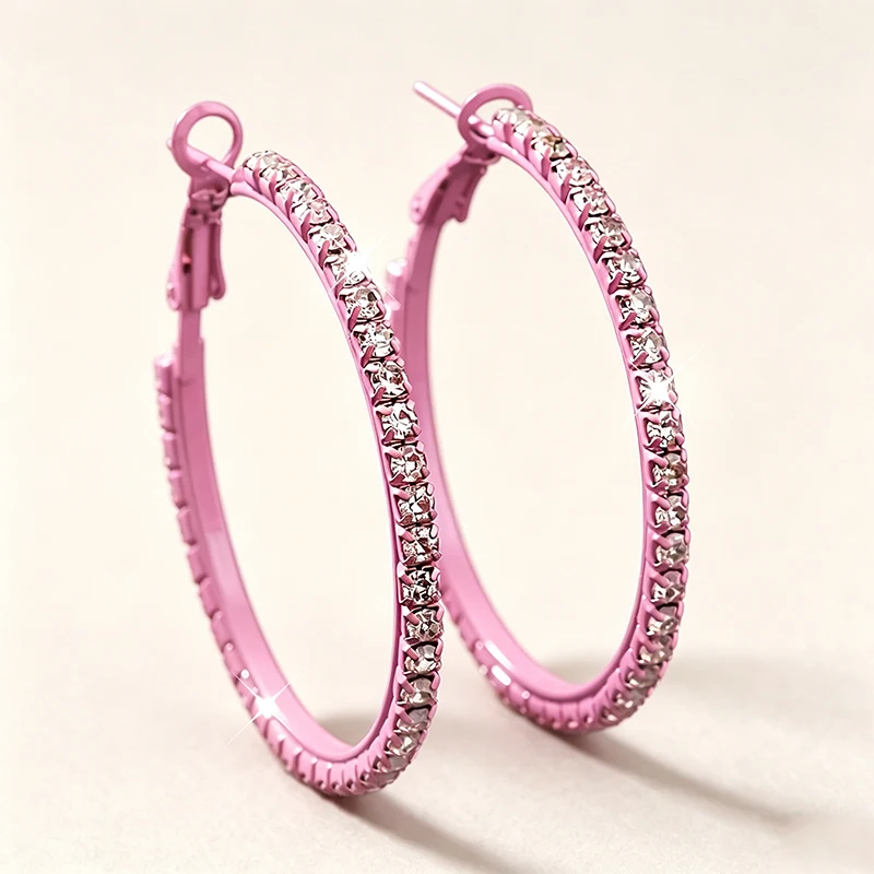 Elegant Sparkling Pink Hoop Earrings with Clear Gemstones for Women Stylish Round Design Perfect Jewelry Gift Novelty Earrings