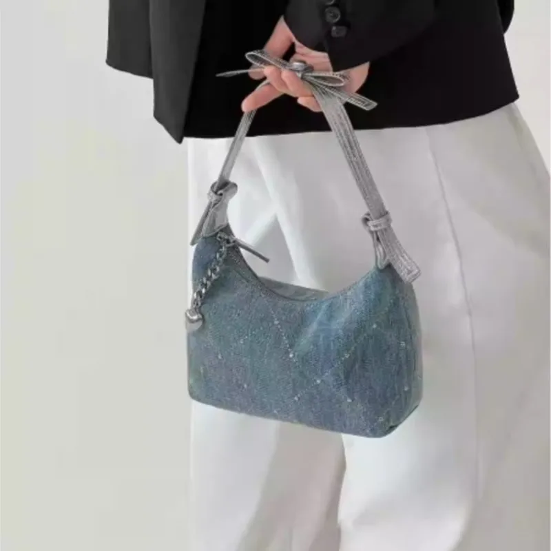 

JIAERDI Blue Hotfix Denim Handbag Women Vintage Diamond Stitching Bow Underarm Bag Ladies Hot Girl Y2k Aesthetics Crossbody Bag