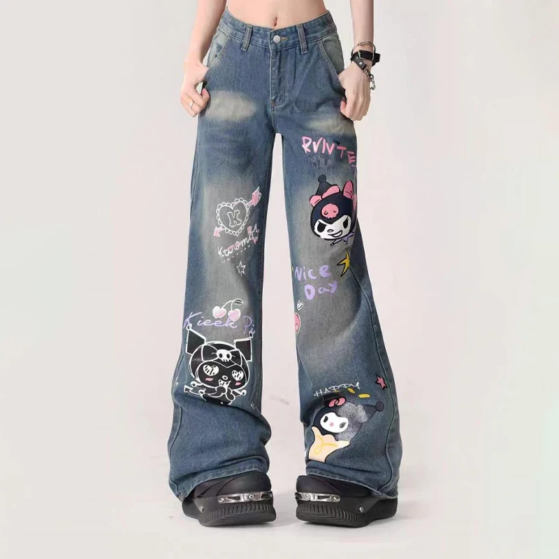 Sanrios Kuromi Girl Straight Leg Jeans Anime Print Wijde Pijpen Broek Schattige Hoge Taille Losse Broek Cartoon Broek Met Klokbodem