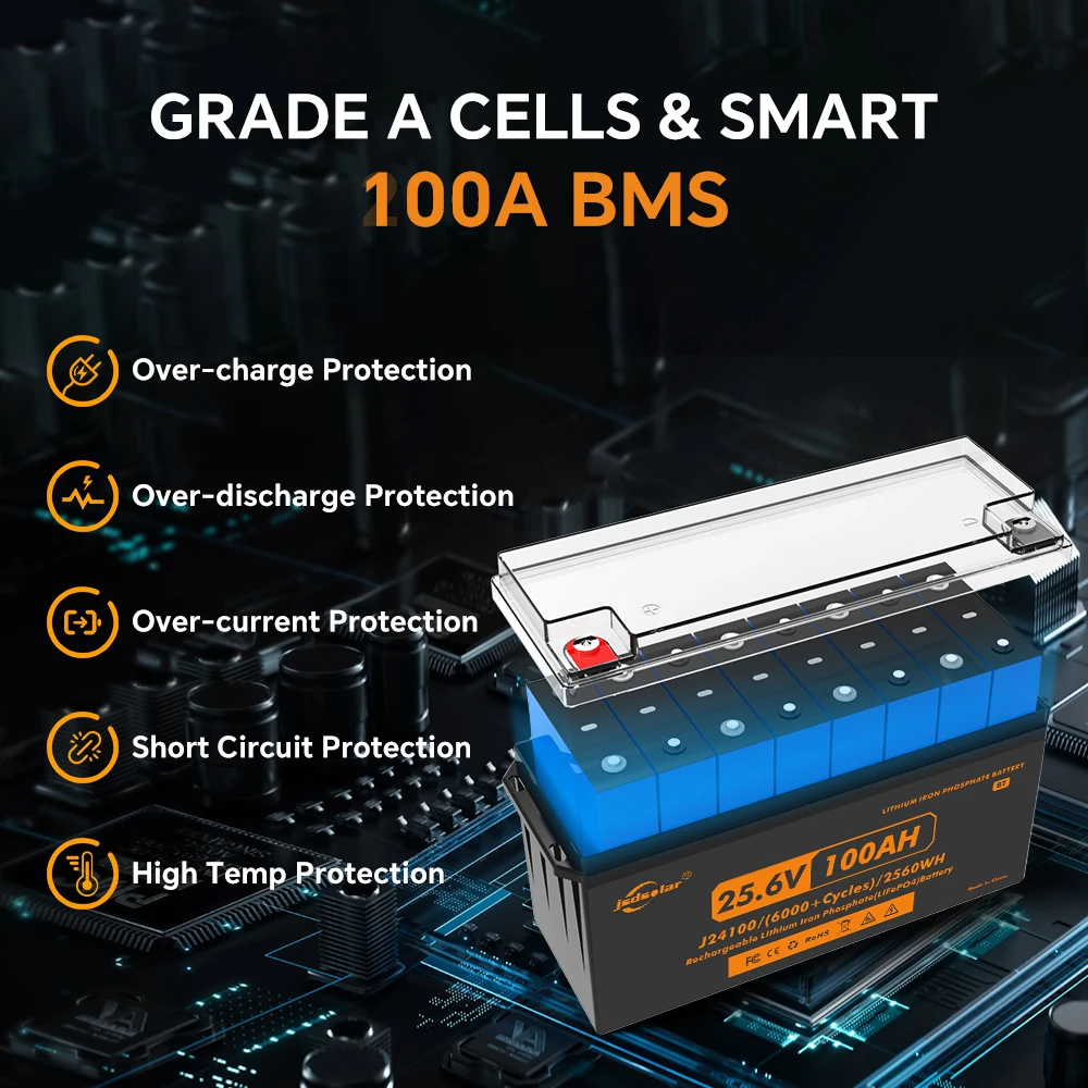Jsdsolar 25.6V LiFePO4 Lithium Battery 100Ah BMS Metal Case Low-Tem Protection Max. 2560W Prismatic LiFeP04 Battery for Off-Grid IP65 Waterproof Rechargeable 6000+Cycles Life