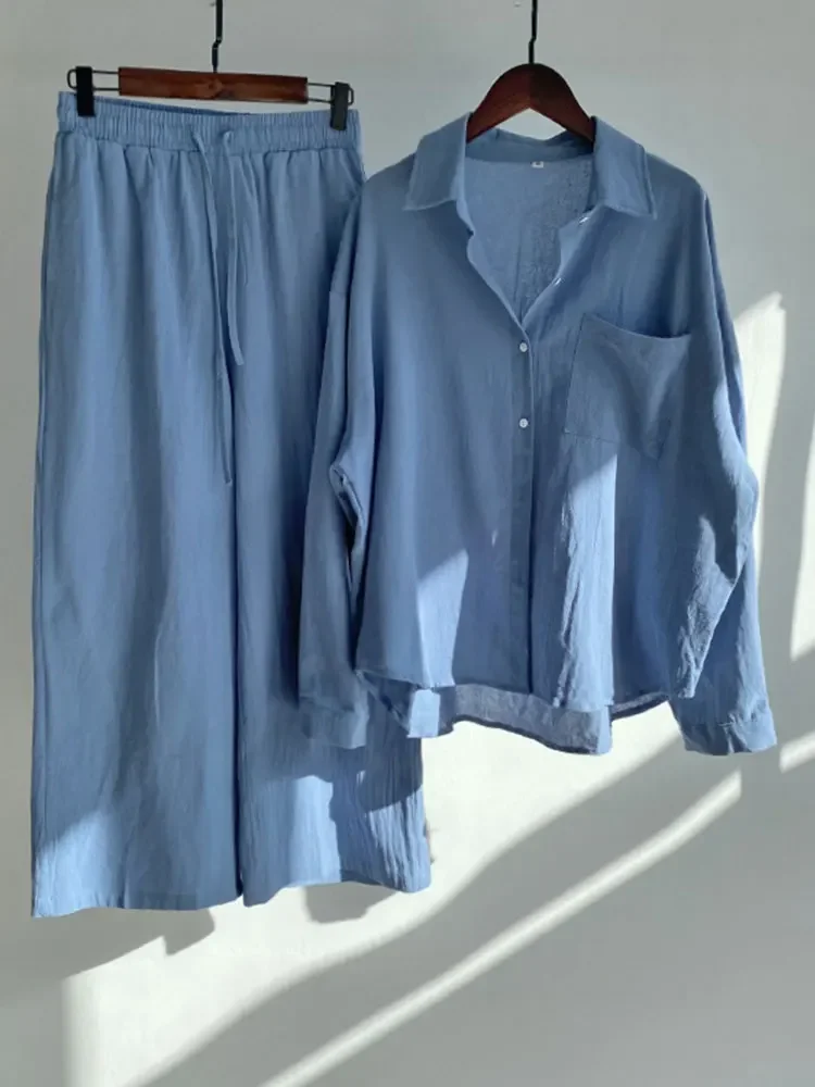 Conjunto de dos piezas de algodón y lino para mujer, camisa de manga larga con pantalones Retro, traje informal a la moda para primavera y verano,