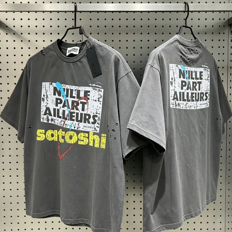 

Vinatge Washed Distressed Hole ATOSHI Tshirts Crack Fading Print Short Sleeve Hiphop Streetwear Cotton Round Neck Tops Men Women