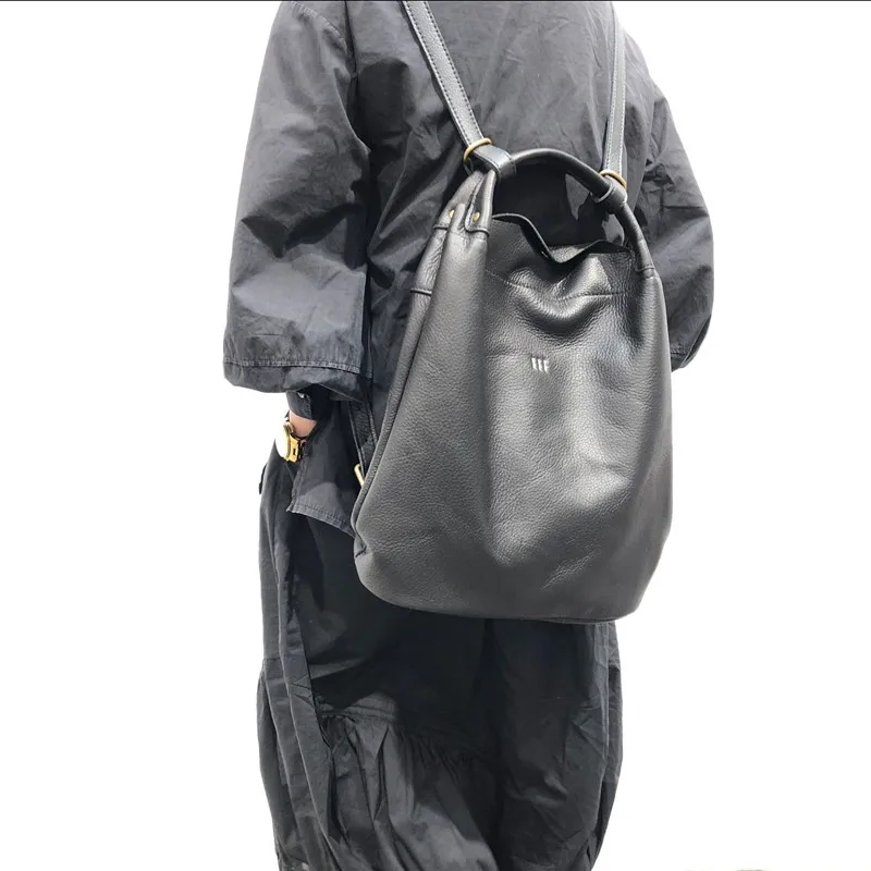 Genuine Black retro leather, handcrafted top-grain cowhide, backpack, women's style, dual-purpose handbag