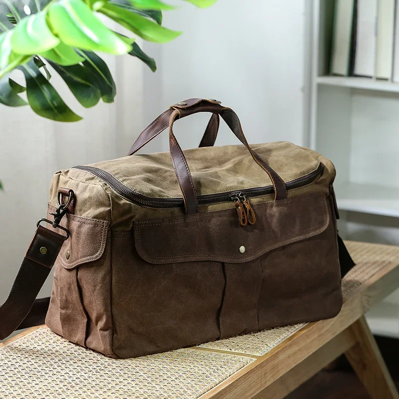 WaterProof Wax Canvas Leather Men's Travel Bag Totes Luggage Bag Vintage Carry On Large Male Duffle Big Overnight Weekend Bag