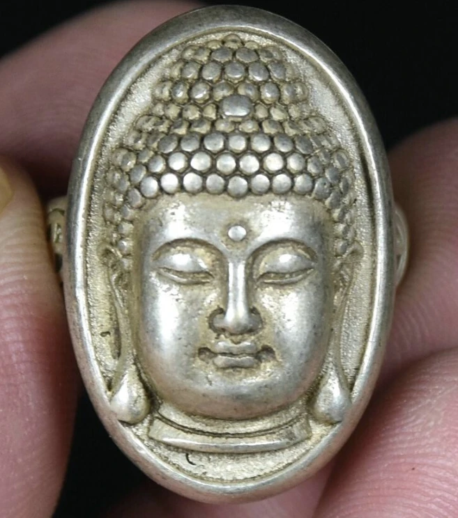 3CM Rare Old Chinese Miao Silver Feng Shui Shakyamuni Buddha Head Ring